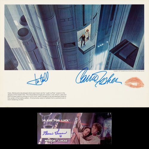 252. Color Art Print and Plaque (14" x 10.75", 7.25" x 3.25") Signed by Mark Hamill and Carrie Fisher (Official Pix Certified) (Grad Authenticated); Lipstick-Kissed By Carrie Fisher (Official Pix Cert ### STAR WARS: A NEW HOPE (1977)