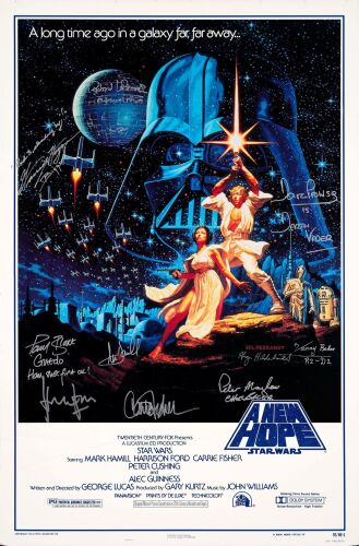 253. One Sheet (27" x 41") Signed by Mark Hamill, Harrison Ford, Carrie Fisher and 8 More (Beckett COA); Style B; Very Fine- on Foam Board ### STAR WARS: A NEW HOPE (R-1992)