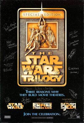 260. One Sheet (26.75" x 39") Signed by Carrie Fisher, Peter Mayhew, Anthony Daniels, Billy Dee Williams, Kenny Baker, and 16 Others (Grad Authenticated); Very Fine- Rolled ### STAR WARS TRILOGY: SPECIAL EDITION (R-1997)