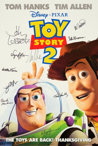 280. One Sheet (27" x 40") Signed by Tom Hanks, Tim Allen, Kelsey Grammer, Estelle Harris, Wayne Knight, John Ratzenberger, Randy Newman, Ash Brannon (Director), Lee Unkrich (Director) & John Lasseter ### TOY STORY 2 (1999)