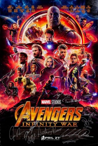 54. One Sheet (27" x 40") Signed by Chadwick Boseman, Paul Bettany, Elizabeth Olsen, Josh Brolin, Anthony Mackie and 14 Others (JSA COA); Double-Sided Advance; Very Fine Rolled ### AVENGERS: INFINITY WAR (2018)