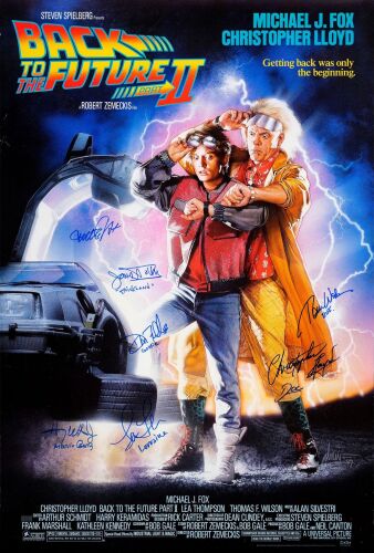 57. Commercial Poster (27" x 40") Signed by Michael J. Fox, James Tolkan, Donald Fullilove, Lea Thompson, Harry Waters Jr., Tom Wilson and Christopher Lloyd (COA provided; Very Fine Rolled ### BACK TO THE FUTURE PART II (c. 2010s)