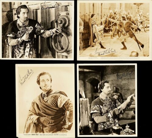 297. Vintage Original B&W Single-Weight Gelatin Silver Glossy Photographs (4) (8" x 10") Signed by Basil Rathbone (4) (JSA COA); Very Fine ### THE ADVENTURES OF ROBIN HOOD (1938)