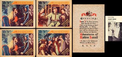 298. Lobby Cards (4), Preview Screening Invitation and Booklet (11" x 14", 12.5" x 19", 6" x 9"); "Other Company" Lobby Cards (4); Fine ### THE ADVENTURES OF ROBIN HOOD (1938)