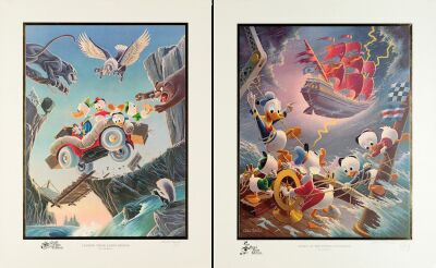 376. Limited Edition Lithographic Prints (2) (21" x 25.5", 20" x 25.5") Signed by Carl Barks (2); #59 of 100 (2); Very Fine+ ### CARL BARKS: AFOUL OF THE FLYING DUTCHMAN / LEAVING THEIR CARES BEHIND (1985, 1995)