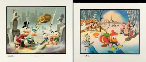 377. Limited Edition Lithographic Prints (2) (25" x 21.5", 25" x 20.5") Signed by Carl Barks (2); #59 of 100 (2); Very Fine+ ### CARL BARKS: DUBIOUS DOINGS AT DISMAL DOWNS / SNOW FUN (1986, 1990)