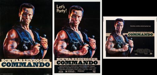 402. One Sheet, Half Sheet and Commercial Poster (27" x 41", 22" x 28", 26.75" x 38.75"); "Let's Party!" Style (1); Very Fine Folded + Rolled ### COMMANDO (1985 (2), 1986 (1))
