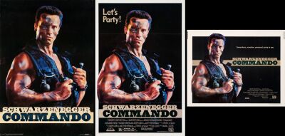 402. One Sheet, Half Sheet and Commercial Poster (27" x 41", 22" x 28", 26.75" x 38.75"); "Let's Party!" Style (1); Very Fine Folded + Rolled ### COMMANDO (1985 (2), 1986 (1))