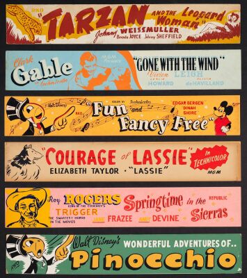 496. Concession Stand Mini Banners (6) With Mailing Envelope (28" x 4.75"); Very Fine ### GONE WITH THE WIND / PINOCCHIO / COURAGE OF LASSIE / TARZAN AND THE LEOPARD WOMAN / SPRINGTIME IN THE SIERRAS (1947) / FUN AND FANCY FREE (1947) (1940 - 1947)