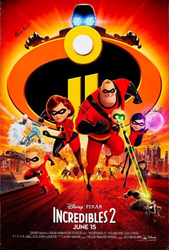 542. One Sheet (27" x 40") Signed by Samuel L. Jackson, Craig T. Nelson, Holly Hunter, Bob Odenkirk, Huck Milner, Sarah Vowell, Catherine Keener and Sophia Bush (Grad Authenticated); Double-Sided Adva ### INCREDIBLES 2 (2018)