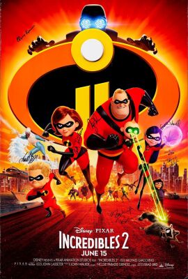 542. One Sheet (27" x 40") Signed by Samuel L. Jackson, Craig T. Nelson, Holly Hunter, Bob Odenkirk, Huck Milner, Sarah Vowell, Catherine Keener and Sophia Bush (Grad Authenticated); Double-Sided Adva ### INCREDIBLES 2 (2018)