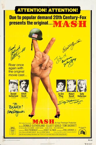 656. One Sheet (27" x 41") Signed by Tom Skerritt, Robert Duvall, Rene Auberjonois, Sally Kellerman, Elliott Gould and Jo Ann Pflug (JSA COA); Very Fine- Folded ### M*A*S*H (R-1973)