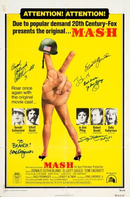 656. One Sheet (27" x 41") Signed by Tom Skerritt, Robert Duvall, Rene Auberjonois, Sally Kellerman, Elliott Gould and Jo Ann Pflug (JSA COA); Very Fine- Folded ### M*A*S*H (R-1973)
