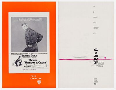 769. Uncut Pressbooks With Heralds (11" x 17"); The Collection of the Late J. Stephen Ryan; Near Mint Folded ### REBEL WITHOUT A CAUSE / GIANT (1955, 1956)