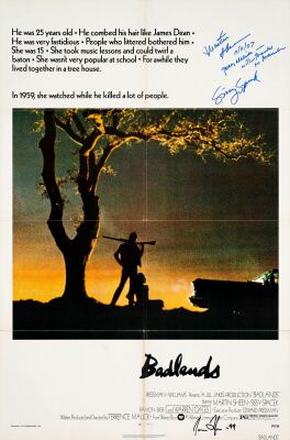 330. One Sheet (27" x 41") Signed by Martin Sheen, Sissy Spacek, Musician James Taylor, and Terrence Malick (Director) (JSA COA); Very Fine+ Folded ### BADLANDS (1974)