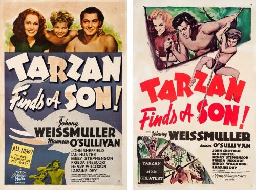 898. One Sheets (2) (27" x 41", 27" x 41.25"); The Bradleigh Vinson Collection; Style D (1); Very Fine- on Linen ### TARZAN FINDS A SON! (1939, c.1950s)
