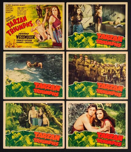 901. Title Lobby Card and Lobby Cards (5) (11" x 14") Signed by Johnny Weissmuller and Johnny Sheffield (1) (JSA COA); The Bradleigh Vinson Collection; Fine+ ### TARZAN TRIUMPHS (1943)