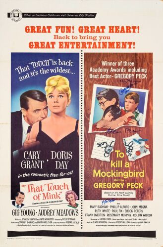 938. One Sheet (27" x 41") Signed by Gregory Peck, Mary Badham, Phillip Alford, Horton Foote, Robert Duvall (JSA COA); Double-Bill Style; Very Fine+ Folded ### TO KILL A MOCKINGBIRD / THAT TOUCH OF MINK (R-1967)