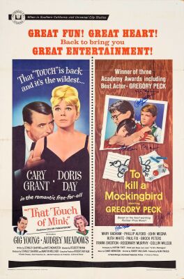 938. One Sheet (27" x 41") Signed by Gregory Peck, Mary Badham, Phillip Alford, Horton Foote, Robert Duvall (JSA COA); Double-Bill Style; Very Fine+ Folded ### TO KILL A MOCKINGBIRD / THAT TOUCH OF MINK (R-1967)