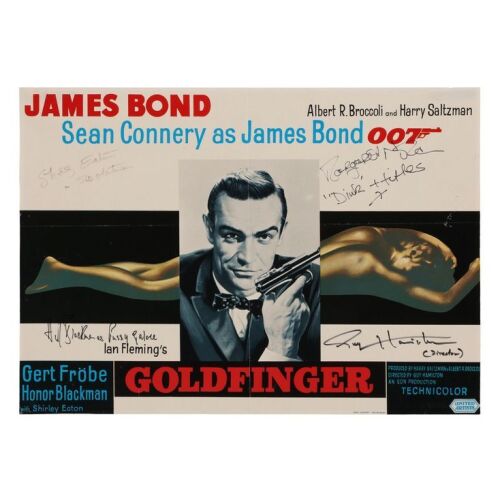 Lot # 56. Guy Hamilton, Honor Blackman, Shirley Eaton and Margaret Nolan-Autographed Belgian Poster, R-1970s; 22.25" x 16"; Fair; Folded ### JAMES BOND: GOLDFINGER (1964)