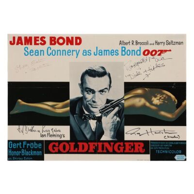 Lot # 56. Guy Hamilton, Honor Blackman, Shirley Eaton and Margaret Nolan-Autographed Belgian Poster, R-1970s; 22.25" x 16"; Fair; Folded ### JAMES BOND: GOLDFINGER (1964)