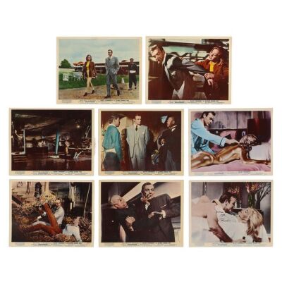 Lot # 62. Set of Eight British Front of House Cards, 1964; 10" x 8"; Fine; Flat ### JAMES BOND: GOLDFINGER (1964)