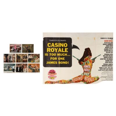 Lot # 88. British Quad, 1967; 38.5" x 28.25"; Fair-; Folded, Set of Eight British Front of House Cards, 1967; 10" x 8"; Fine-; Flat ### JAMES BOND: CASINO ROYALE (1967)