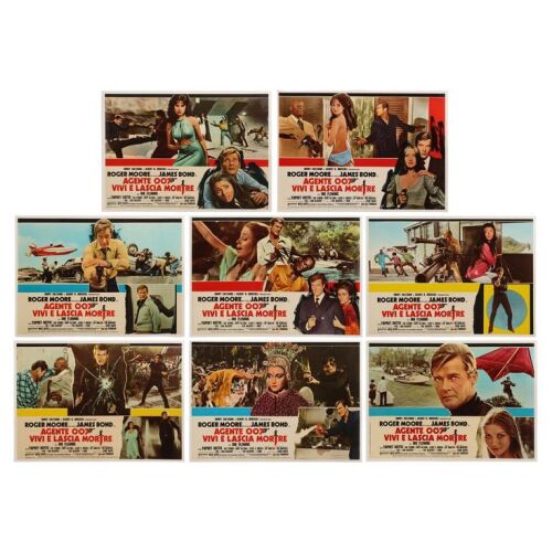 Lot # 167. Eight Italian Photobustas, 1973; 26" x 18"; Very Good+; Linen-Backed ### JAMES BOND: LIVE AND LET DIE (1973)