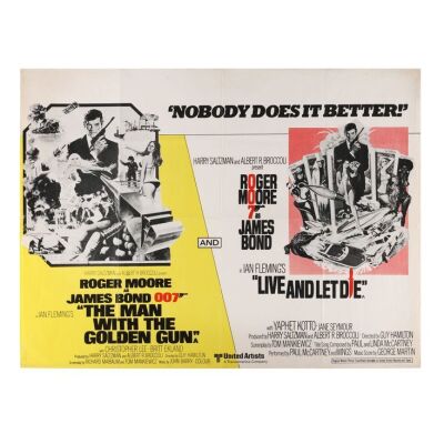 Lot # 169. British Double-Bill Quad, R-1978; 40" x 30"; Fine; Folded ### JAMES BOND: LIVE AND LET DIE (1973)/THE MAN WITH THE GOLDEN GUN (1974)