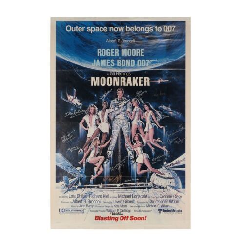 Lot # 208. Roger Moore, Richard Kiel, Michael Lonsdale, Corinne Cl&eacute;ry, Blanche Ravalec and Others-Autographed US Advance One-Sheet, 1979; 27" x 41"; Very Good; Folded ### JAMES BOND: MOONRAKER (1979)