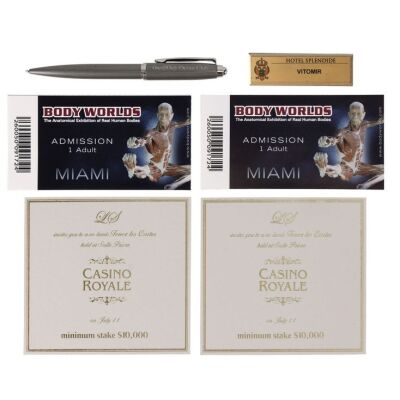 Lot # 333. Casino Royale Poker Invitations, Ocean Club Pen, Hotel Splendide Name Badge, and Body World's Tickets ### JAMES BOND: CASINO ROYALE (2006)