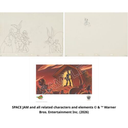 Lot #22: The Monstars Arrive! Wile E. Coyote, Foghorn Leghorn, Porky Pig, Sylvester, Pepe Le Pew, Bugs Bunny, Yosemite Sam and Tweety, A Set of 2 Original Production Clean Up Drawings, with "Here To Help" Fine Art Giclee, Sc. 89/1 ### SPACE JAM (1996)