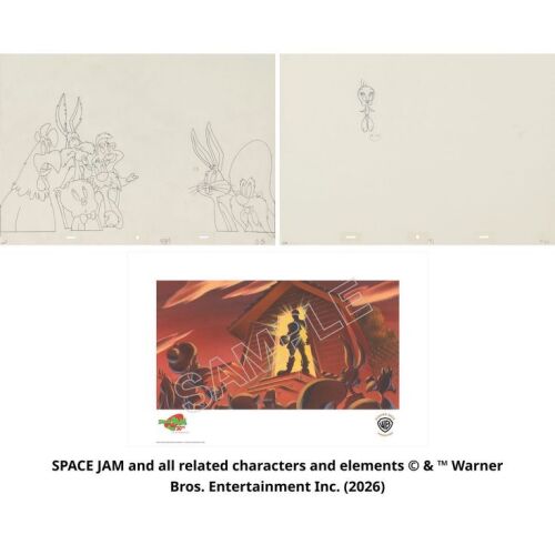Lot #23: The Monstars Arrive! Wile E. Coyote, Foghorn Leghorn, Porky Pig, Sylvester, Pepe Le Pew, Bugs Bunny, Yosemite Sam and Tweety, A Set of 2 Original Production Clean Up Drawings, with "Here To Help" Fine Art Giclee, Sc. 89/1 ### SPACE JAM (1996)